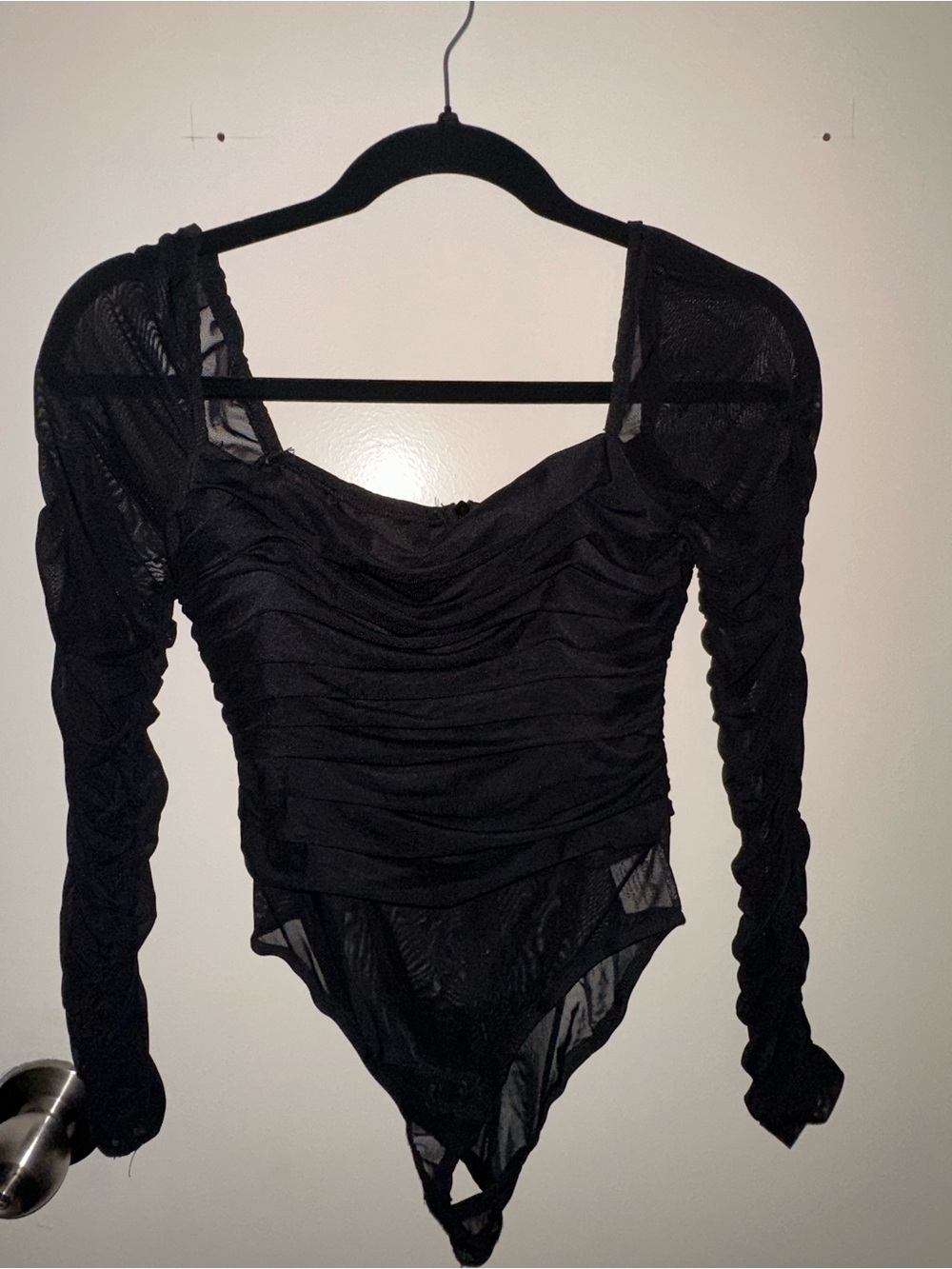 Princess Polly Black Ruched Mesh Long Sleeve Bodysuit